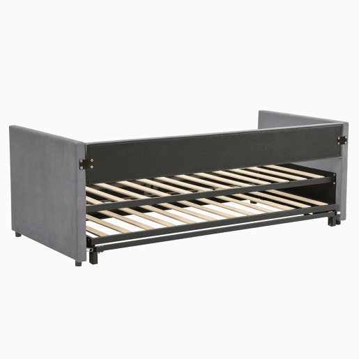 Cama de rodízio de veludo com estrado de ripas - 90180x200cm - Cinzento claro