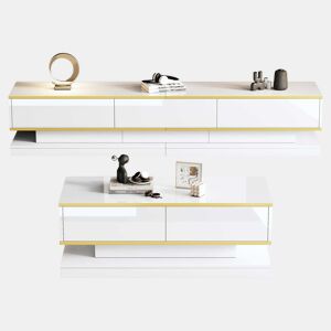 Conjunto de TV e mesa de centro branca brilhante - 3 gavetas na TV e 2 gavetas na mesa de centro com detalhes dourados