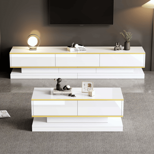 Conjunto de TV e mesa de centro branca brilhante - 3 gavetas na TV e 2 gavetas na mesa de centro com detalhes dourados