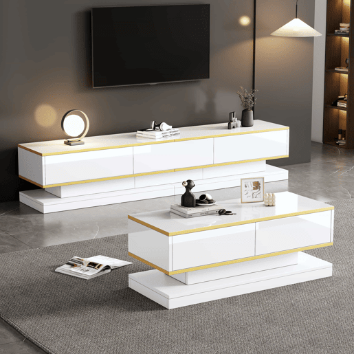 Conjunto de TV e mesa de centro branca brilhante - 3 gavetas na TV e 2 gavetas na mesa de centro com detalhes dourados