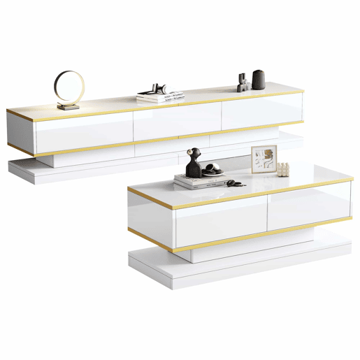 Conjunto de TV e mesa de centro branca brilhante - 3 gavetas na TV e 2 gavetas na mesa de centro com detalhes dourados