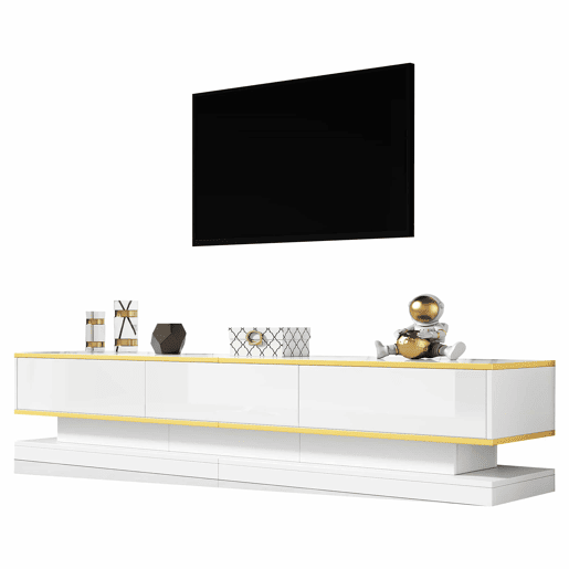 Conjunto de TV e mesa de centro branca brilhante - 3 gavetas na TV e 2 gavetas na mesa de centro com detalhes dourados