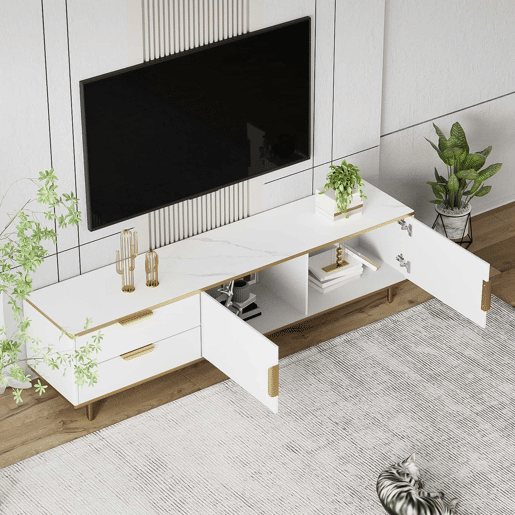 Móvel moderno para televisão - com 2 portas e 2 gavetas - pés metálicos - Branco