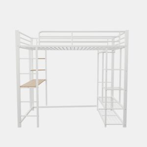Cama mezzanine metálica 90x200 cm - com mesa e prateleiras - Branco