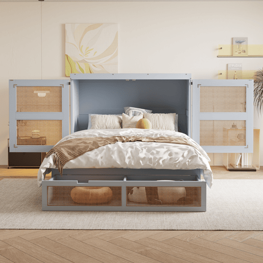 Cama rebatível 140x200 cm - Com estrado, vertical, com gavetas de arrumação, design rattan - Cinza