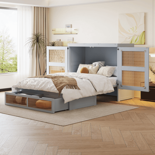 Cama rebatível 140x200 cm - Com estrado, vertical, com gavetas de arrumação, design rattan - Cinza