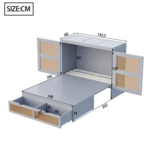 Cama rebatível 140x200 cm - Com estrado, vertical, com gavetas de arrumação, design rattan - Cinza