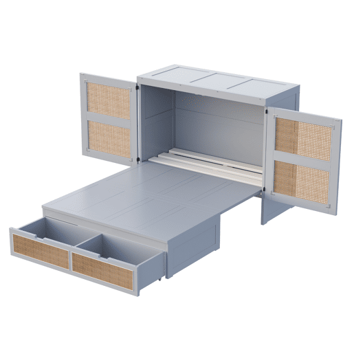 Cama rebatível 140x200 cm - Com estrado, vertical, com gavetas de arrumação, design rattan - Cinza