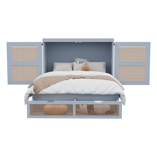 Cama rebatível 140x200 cm - Com estrado, vertical, com gavetas de arrumação, design rattan - Cinza