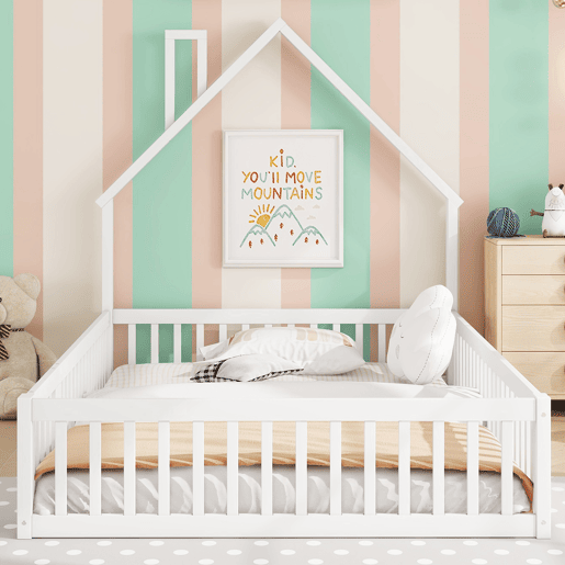 Cama infantil 140x190 cm - Cama em forma de chaminé, com estrado (sem colchão), estilo minimalista - Branco