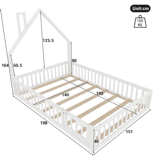 Cama infantil 140x190 cm - Cama em forma de chaminé, com estrado (sem colchão), estilo minimalista - Branco