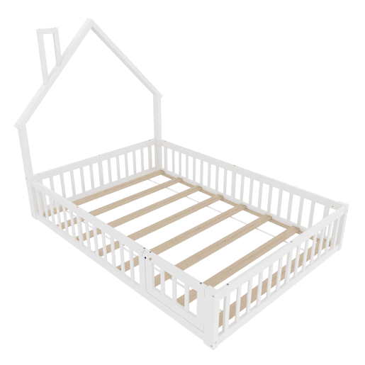 Cama infantil 140x190 cm - Cama em forma de chaminé, com estrado (sem colchão), estilo minimalista - Branco