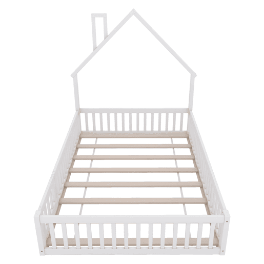 Cama infantil 140x190 cm - Cama em forma de chaminé, com estrado (sem colchão), estilo minimalista - Branco