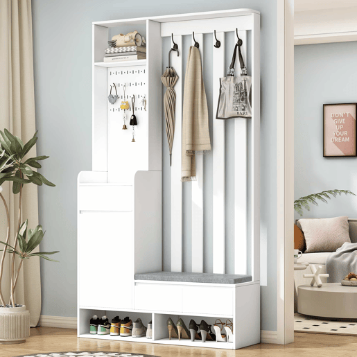 Conjunto de guarda-roupa 180x100x35 cm - com banco almofadado e 4 ganchos - Branco