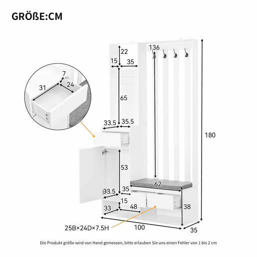 Conjunto de guarda-roupa 180x100x35 cm - com banco almofadado e 4 ganchos - Branco