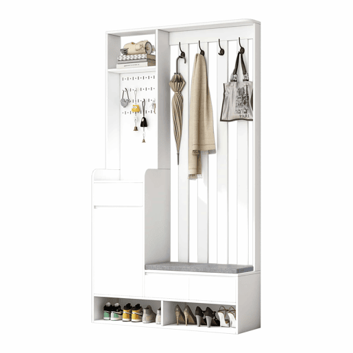 Conjunto de guarda-roupa 180x100x35 cm - com banco almofadado e 4 ganchos - Branco