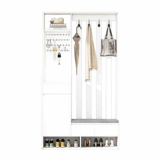 Conjunto de guarda-roupa 180x100x35 cm - com banco almofadado e 4 ganchos - Branco