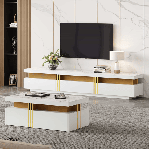 Conjunto de móveis para TV branco - Mesa de centro + móvel para TV - Multifuncional Conjunto de móveis para TV branco - Mesa de centro + móvel para TV - Multifuncional