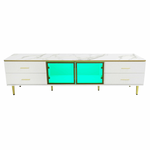 Móvel TV escandinavo 170 cm com LED - 4 gavetas - folheado a mármore - Branco