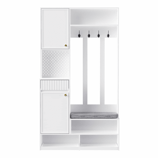 Conjunto de guarda-roupa 100x180x35 cm - Guarda-roupa com assento, 4 ganchos, portas e gavetas - Branco