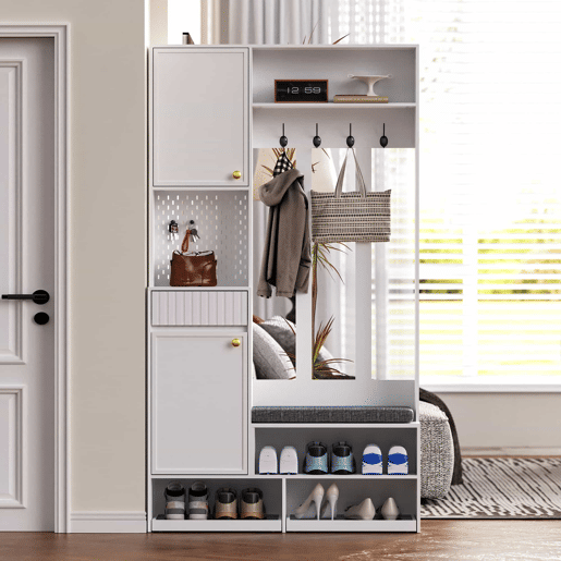 Conjunto de guarda-roupa 100x180x35 cm - Guarda-roupa com assento, 4 ganchos, portas e gavetas - Branco