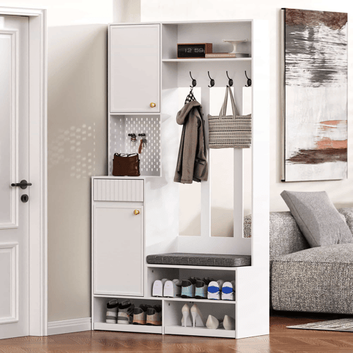 Conjunto de guarda-roupa 100x180x35 cm - Guarda-roupa com assento, 4 ganchos, portas e gavetas - Branco