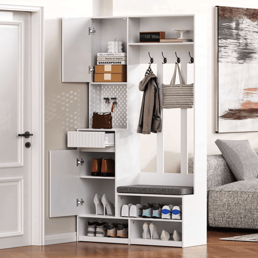 Conjunto de guarda-roupa 100x180x35 cm - Guarda-roupa com assento, 4 ganchos, portas e gavetas - Branco