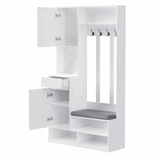 Conjunto de guarda-roupa 100x180x35 cm - Guarda-roupa com assento, 4 ganchos, portas e gavetas - Branco