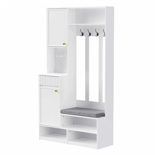 Conjunto de guarda-roupa 100x180x35 cm - Guarda-roupa com assento, 4 ganchos, portas e gavetas - Branco