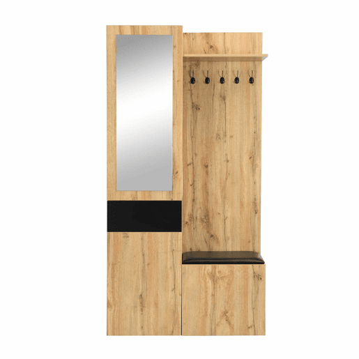 Conjunto de guarda-roupa com 5 ganchos - Espelho, sapateira, armário embutido, prateleiras, gavetas, banco para corredor - Preto + Natural Conjunto de guarda-roupa com 5 ganchos - Espelho, sapateira, armário embutido, prateleiras, gavetas, banco para corredor - Preto + Natural