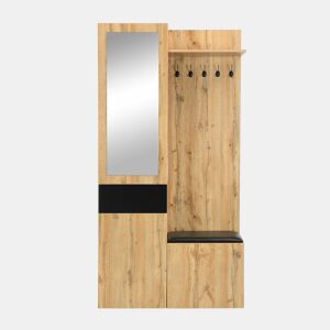 Conjunto de guarda-roupa com 5 ganchos - Espelho, sapateira, armário embutido, prateleiras, gavetas, banco para corredor - Preto + Natural