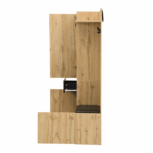 Conjunto de guarda-roupa com 5 ganchos - Espelho, sapateira, armário embutido, prateleiras, gavetas, banco para corredor - Preto + Natural Conjunto de guarda-roupa com 5 ganchos - Espelho, sapateira, armário embutido, prateleiras, gavetas, banco para corredor - Preto + Natural