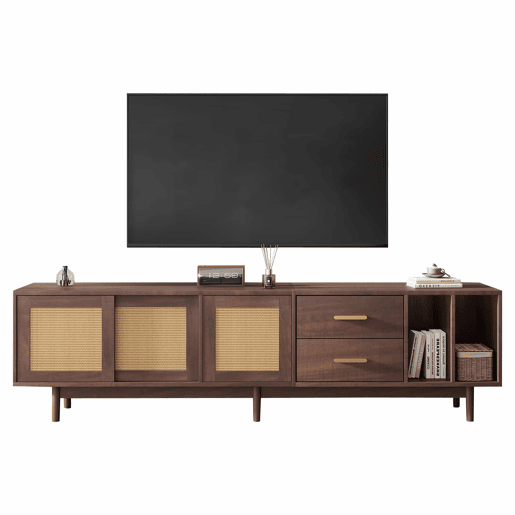 Móvel auxiliar 190x40x52 cm - Lowboard-TV-Schrank com 6 pés, com gavetas, para TVs de até 75 polegadas - Rattan castanho