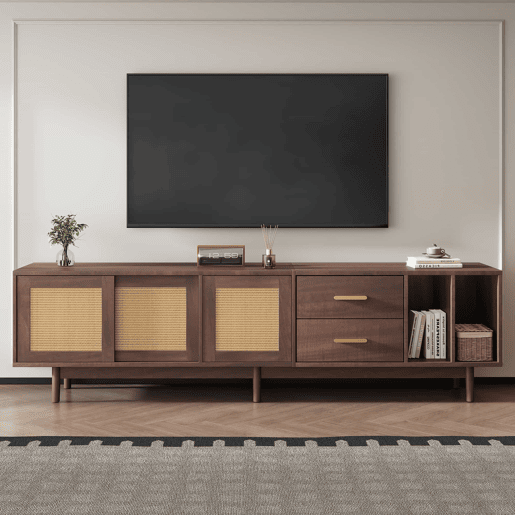 Móvel auxiliar 190x40x52 cm - Lowboard-TV-Schrank com 6 pés, com gavetas, para TVs de até 75 polegadas - Rattan castanho