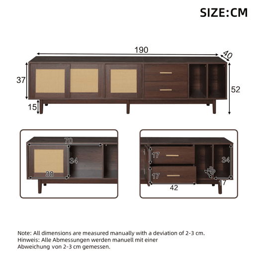 Móvel auxiliar 190x40x52 cm - Lowboard-TV-Schrank com 6 pés, com gavetas, para TVs de até 75 polegadas - Rattan castanho