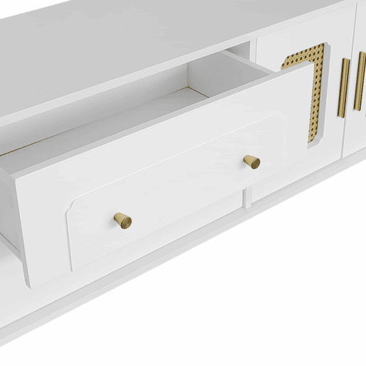Móvel moderno para televisão - com portas de rotim e 2 gavetas - pés metálicos - Branco