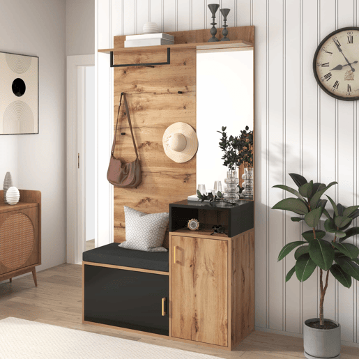 Roupeiro para hall de entrada com espelho e sapateira - Altura 190 cm - natural e preto