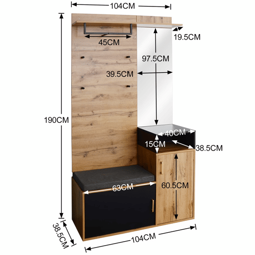Roupeiro para hall de entrada com espelho e sapateira - Altura 190 cm - natural e preto