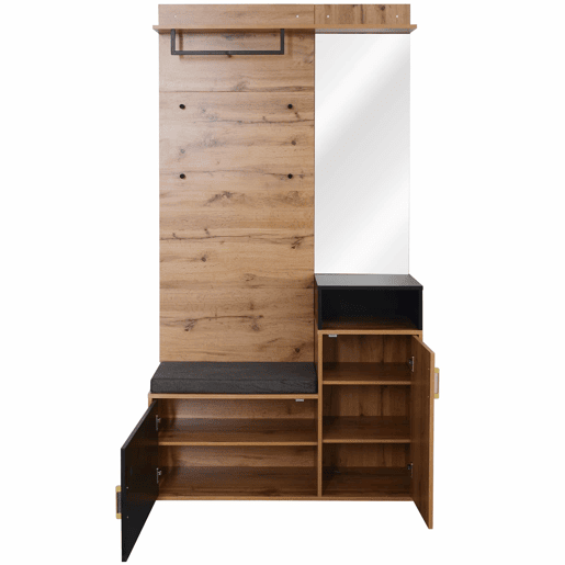 Roupeiro para hall de entrada com espelho e sapateira - Altura 190 cm - natural e preto