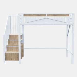 Cama alta metálica 90x200 cm - Casinha de segurança com janela, escada de segurança com armário - Branco