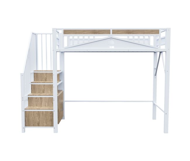 Cama alta metálica 90x200 cm - caseta de seguridad con ventana, escalera de seguridad con armario - blanco