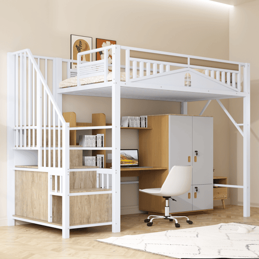 Cama alta metálica 90x200 cm - Casinha de segurança com janela, escada de segurança com armário - Branco