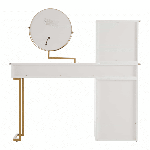 Conjunto de toucador com espelho LED - 120x45x115 cm - mesa com vidro temperado, armário - Branco, Dourado