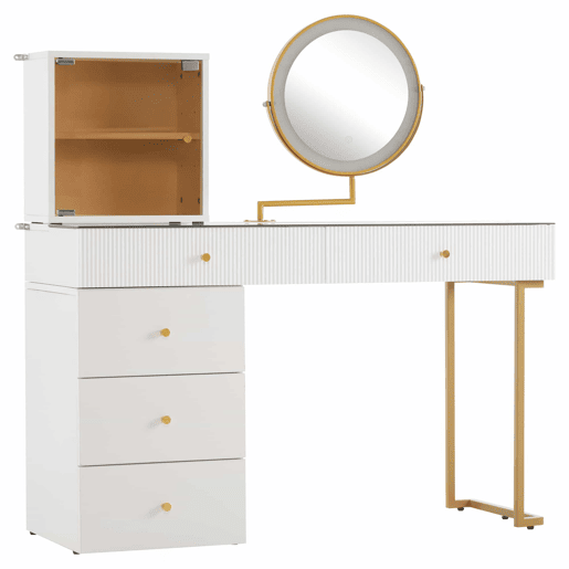 Conjunto de toucador com espelho LED - 120x45x115 cm - mesa com vidro temperado, armário - Branco, Dourado