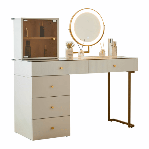Conjunto de toucador com espelho LED - 120x45x115 cm - mesa com vidro temperado, armário - Branco, Dourado
