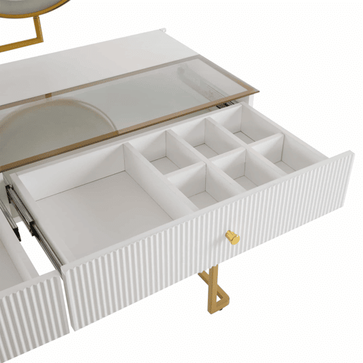 Conjunto de toucador com espelho LED - 120x45x115 cm - mesa com vidro temperado, armário - Branco, Dourado