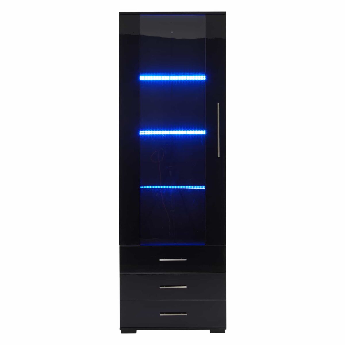 Vitrina de pie 60x35x180 cm - vitrina de vidrio con led, vitrina vertical con 3 cajones - negro brillante