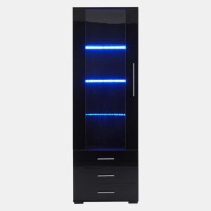 Vitrine de pé 60x35x180 cm - Vitrine de vidro com LED, vitrine vertical com 3 gavetas - Preto brilhante