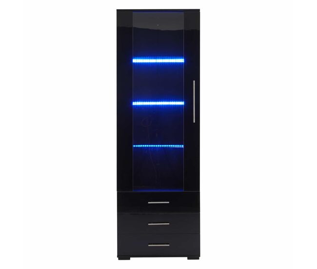 Vitrina de pie 60x35x180 cm - vitrina de vidrio con led, vitrina vertical con 3 cajones - negro brillante