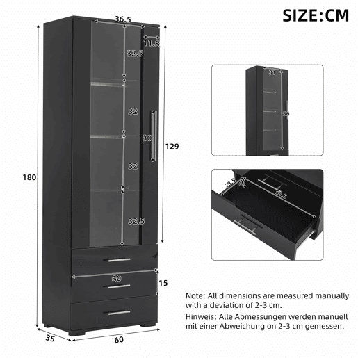 Vitrine de pé 60x35x180 cm - Vitrine de vidro com LED, vitrine vertical com 3 gavetas - Preto brilhante